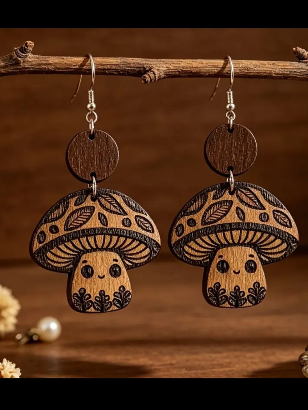 2/10🍀 Cute Cartoon Mushroom Carved Wooden Dangle Earrings